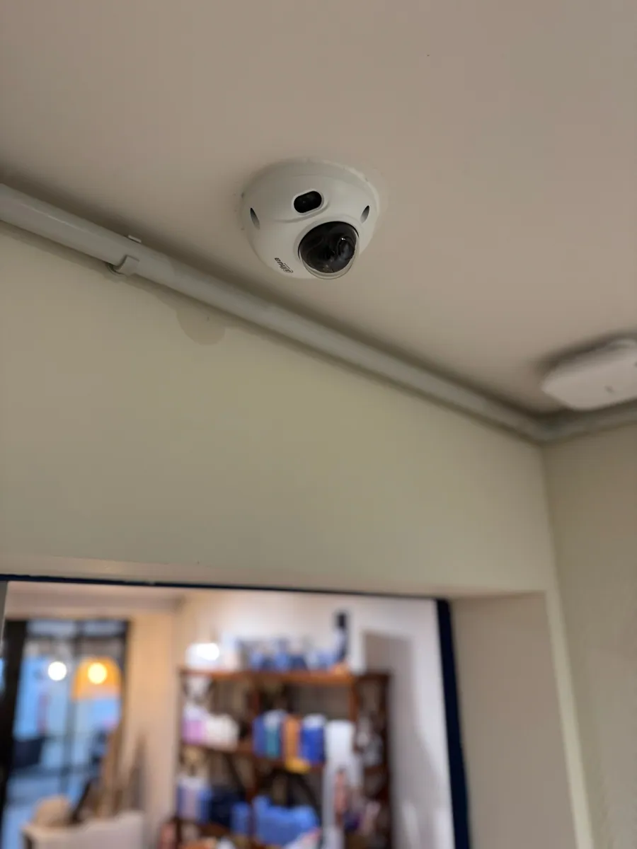 Caméra dôme discrète intégrée au plafond d'un salon